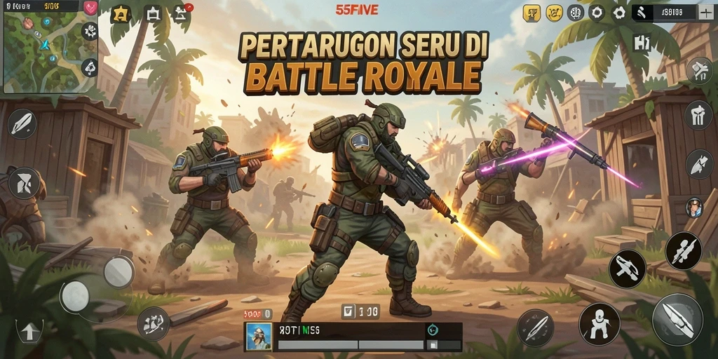 Tangkapan layar gameplay seru di 55FIVE Battle Royale.