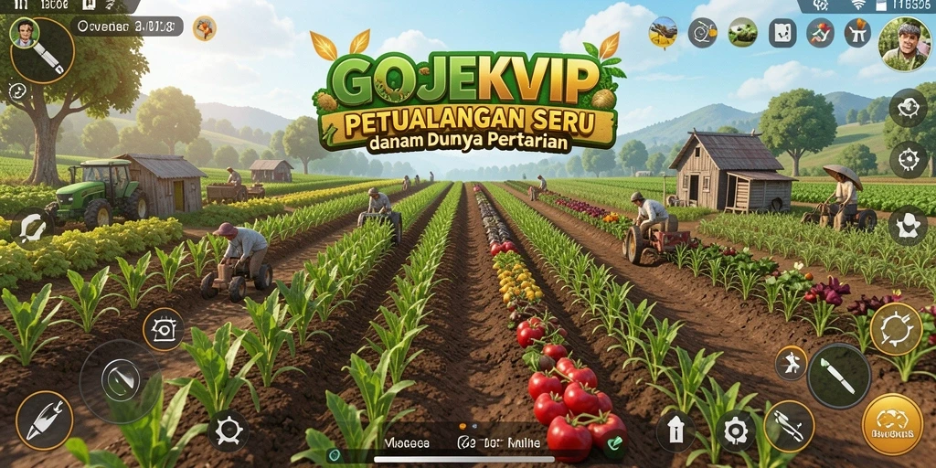 Tangkapan layar dari gameplay GOJEKVIP dengan pengaturan lahan pertanian yang menarik.