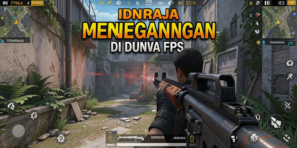 Tampilan gameplay menegangkan dalam IDNRAJA dengan aksi pertarungan FPS.
