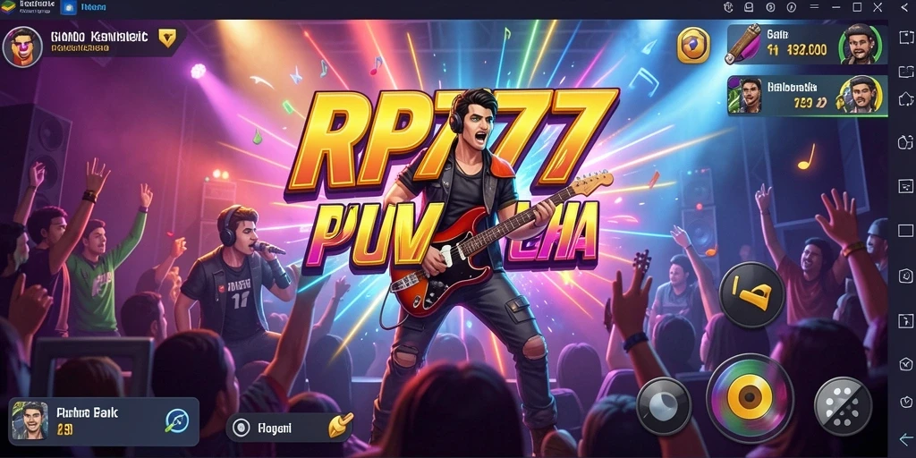 Screenshot utama RP777 menunjukkan gameplay musik yang seru dan interaktif.