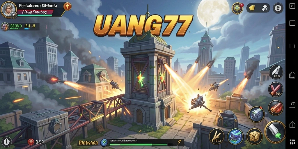 Screenshot gameplay UANG77 menampilkan pertahanan menara yang epik.